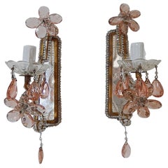 French Beaded Pink Crystal Prisms Mirrors Sconces, circa 1930s