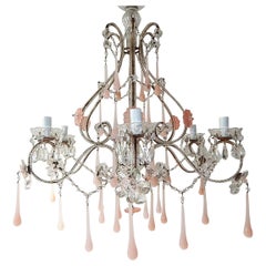 French Beaded Pink Flowers Opaline Murano Drops Chandelier, circa 1920