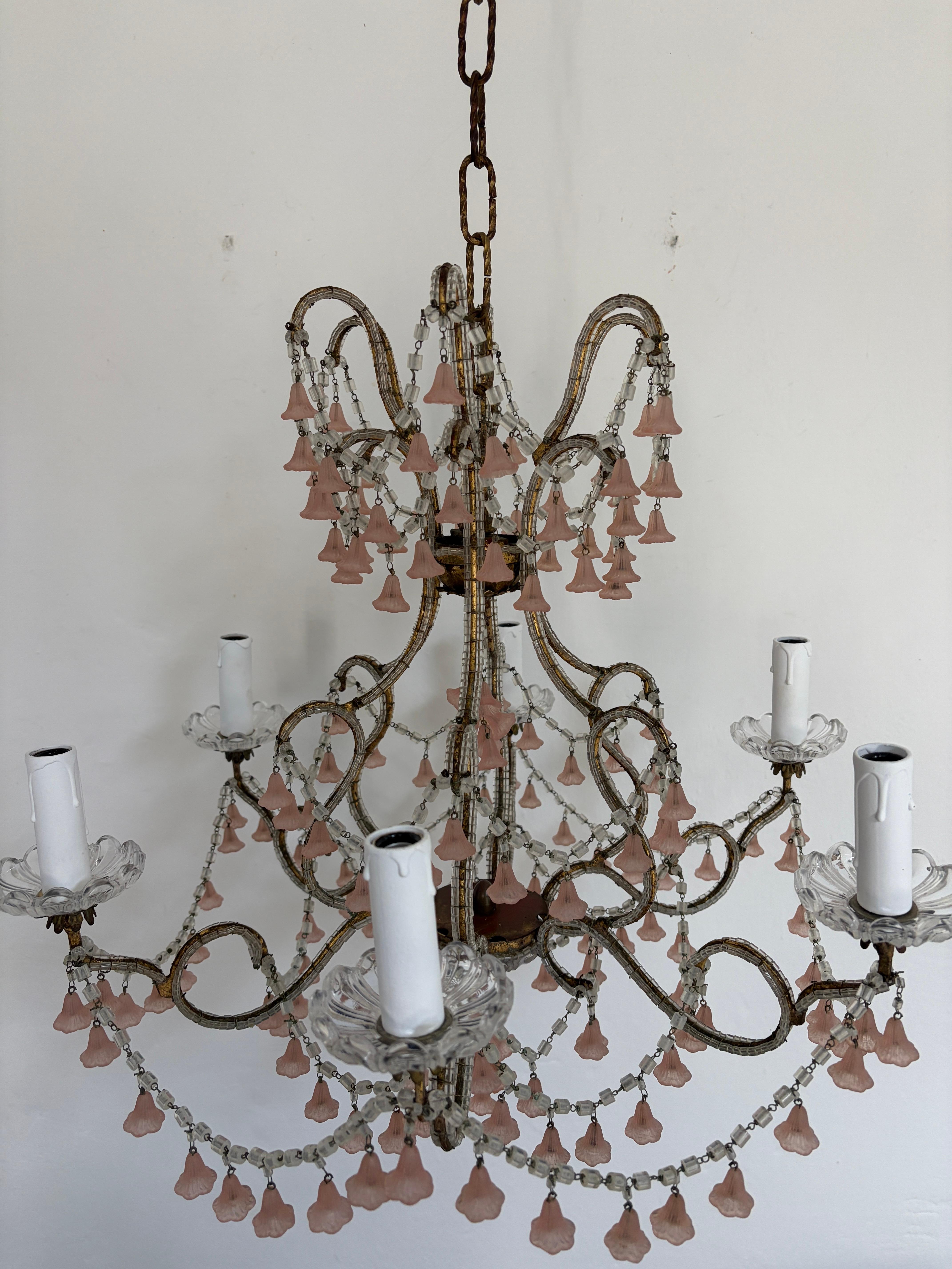 Araña francesa de Murano rosa con cuentas y campanas de flores, circa 1930 Extremadamente rara en venta 4