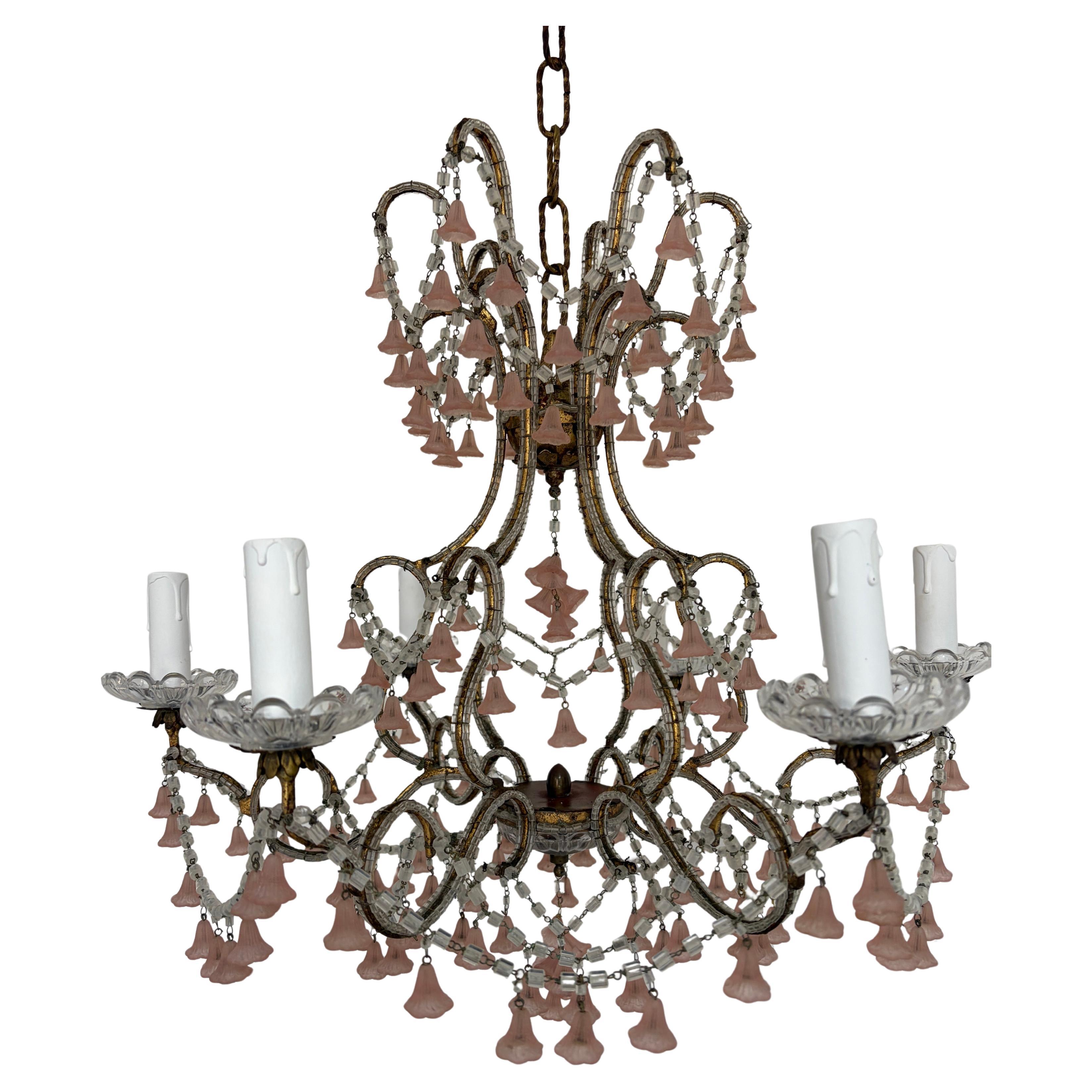 Araña francesa de Murano rosa con cuentas y campanas de flores, circa 1930 Extremadamente rara