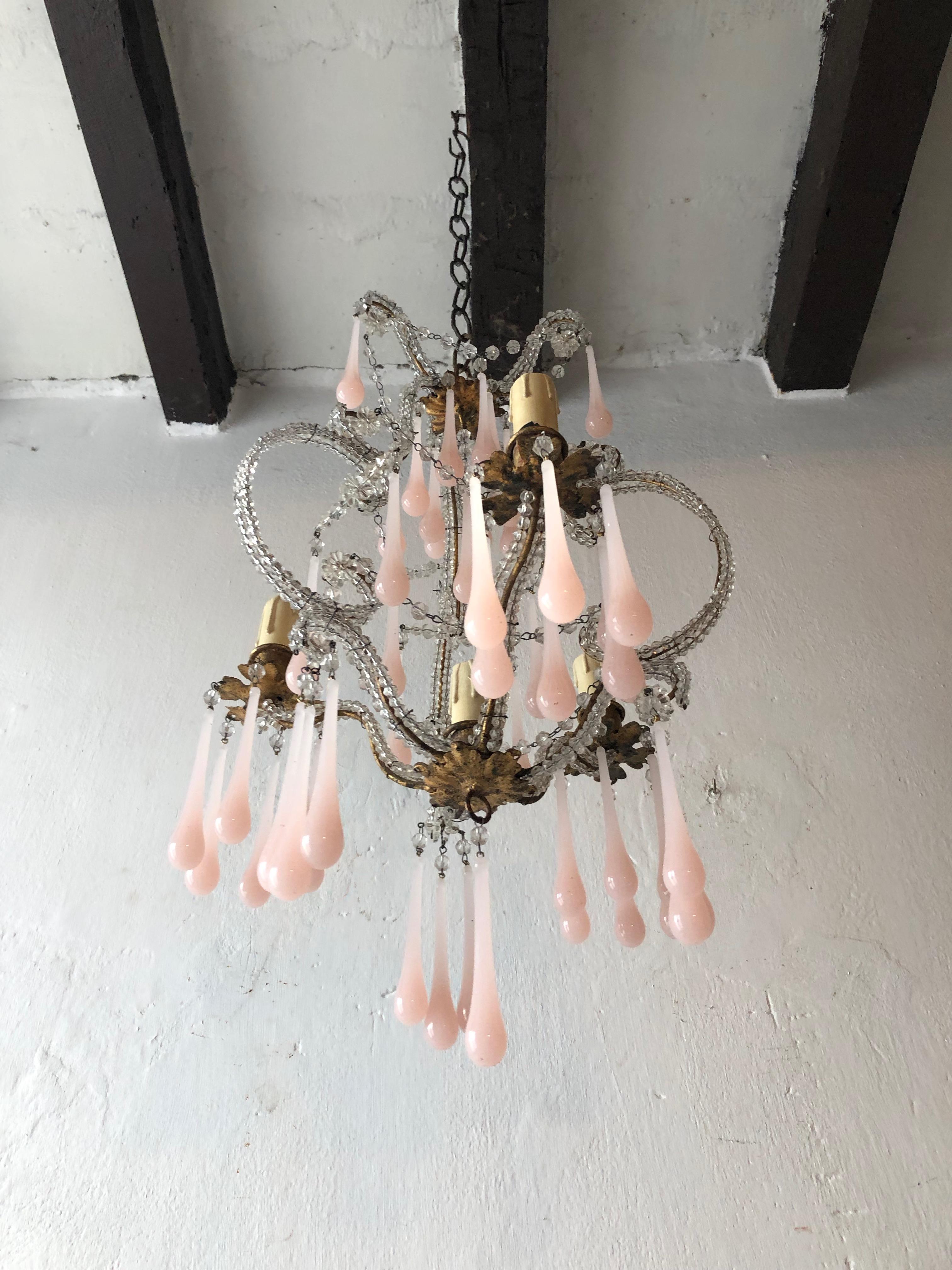 French Beaded Pink Opaline Murano Drops Chandelier, circa 1920 im Zustand „Gut“ in Modena (MO), Modena (Mo)