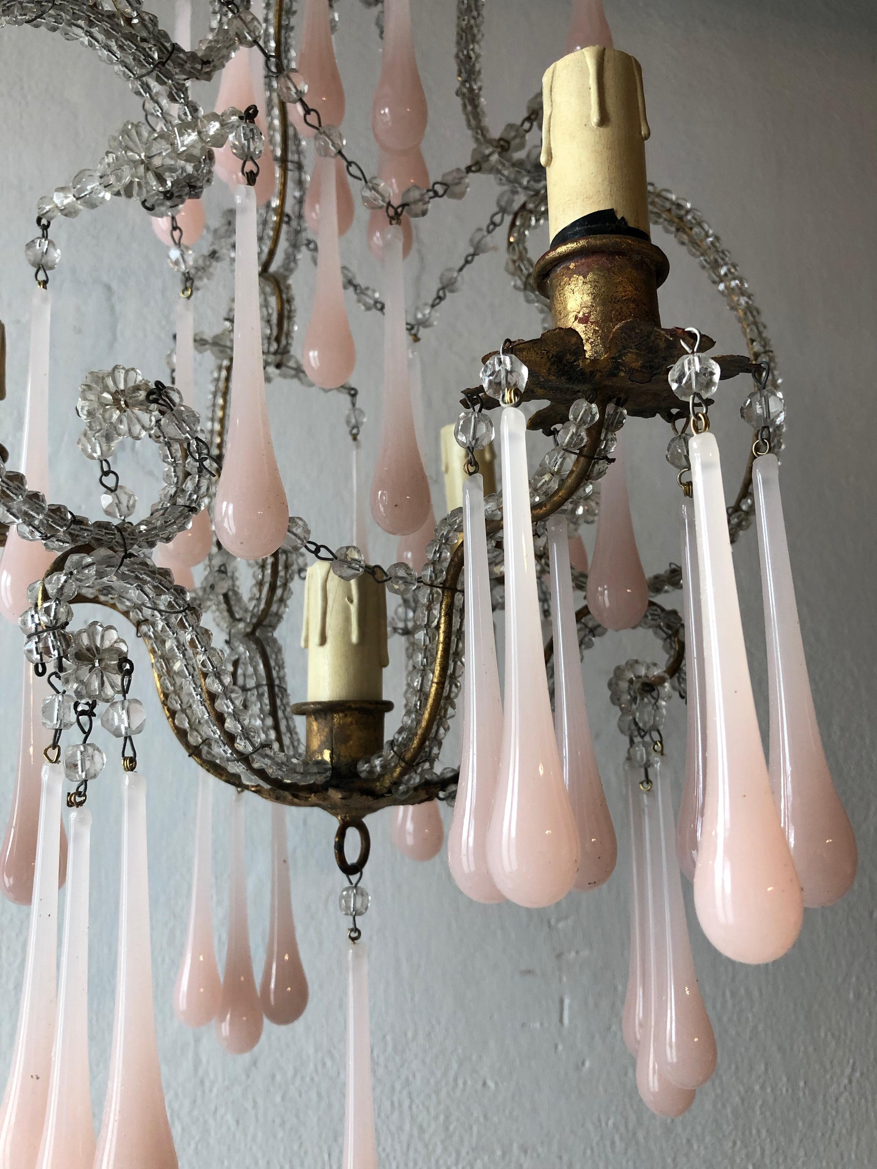 French Beaded Pink Opaline Murano Drops Chandelier, circa 1920 (Kristall)