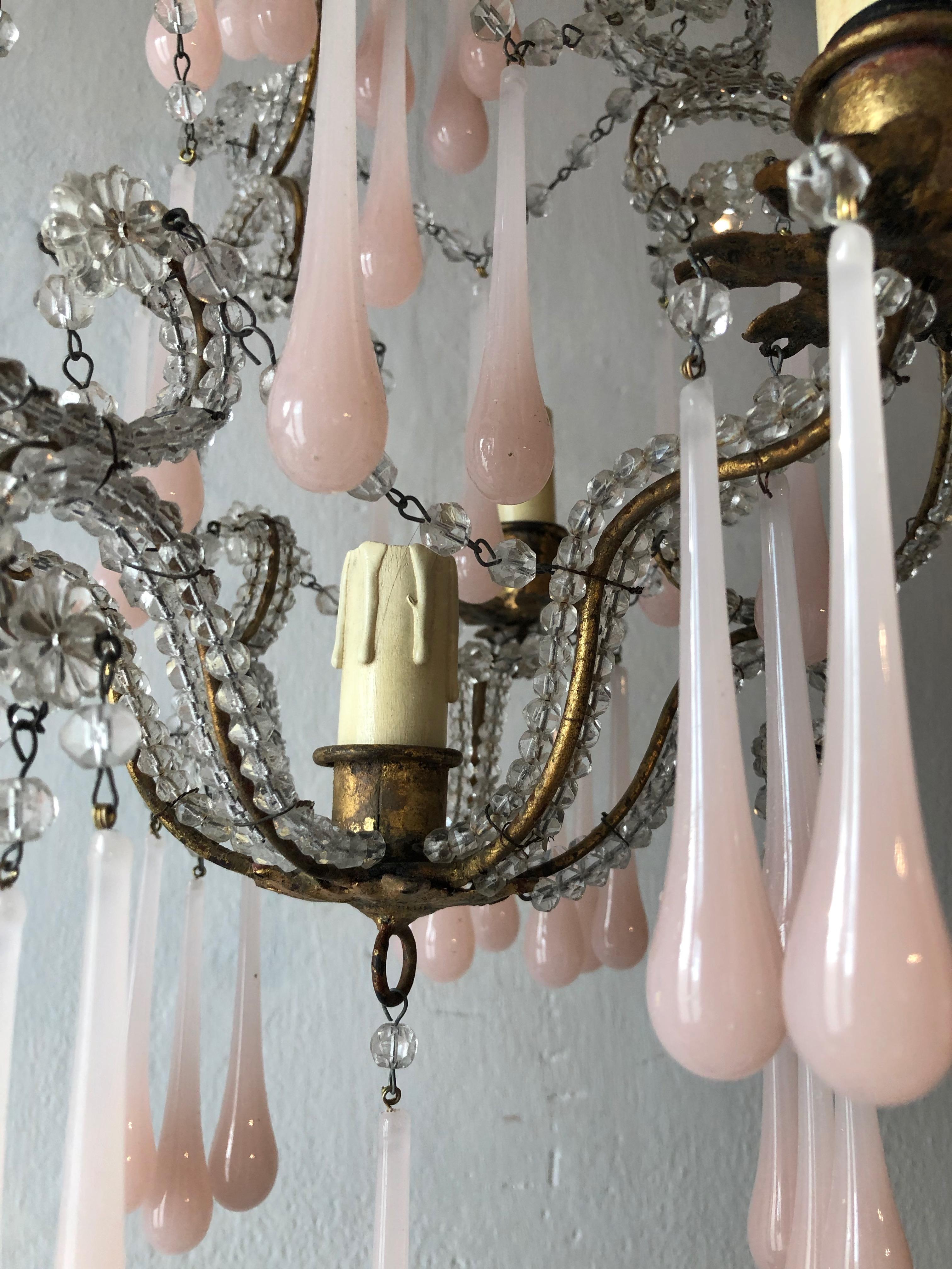 French Beaded Pink Opaline Murano Drops Chandelier, circa 1920 1