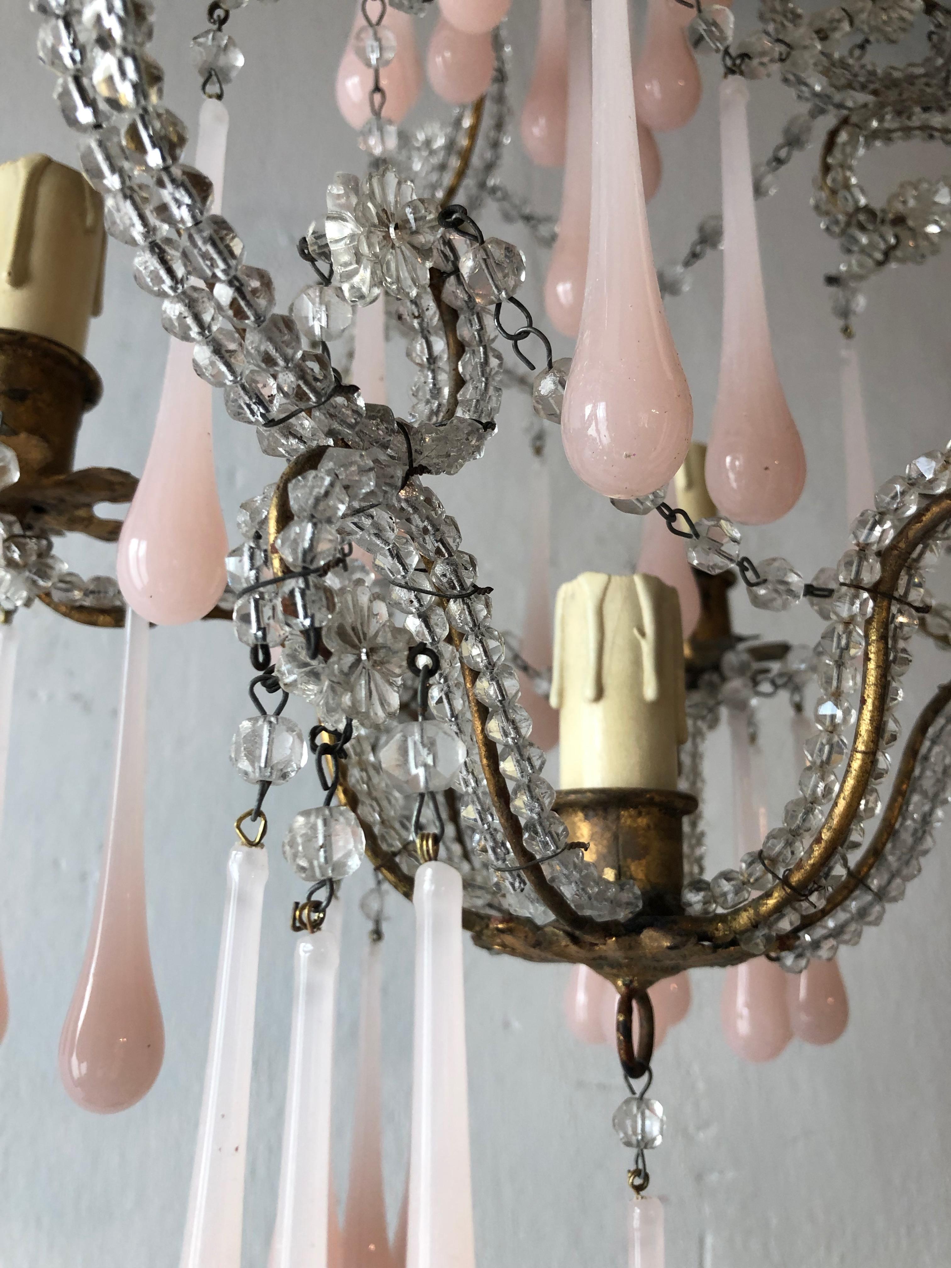 French Beaded Pink Opaline Murano Drops Chandelier, circa 1920 2