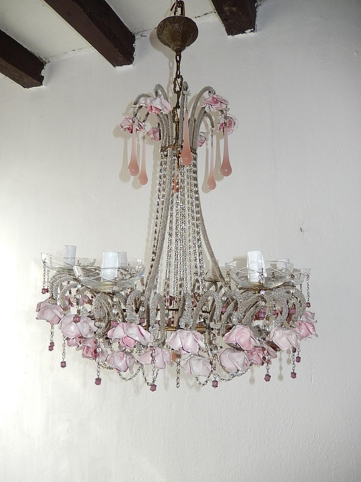 French Beaded Pink Opaline Porcelain Roses Chandelier, circa 1920 5