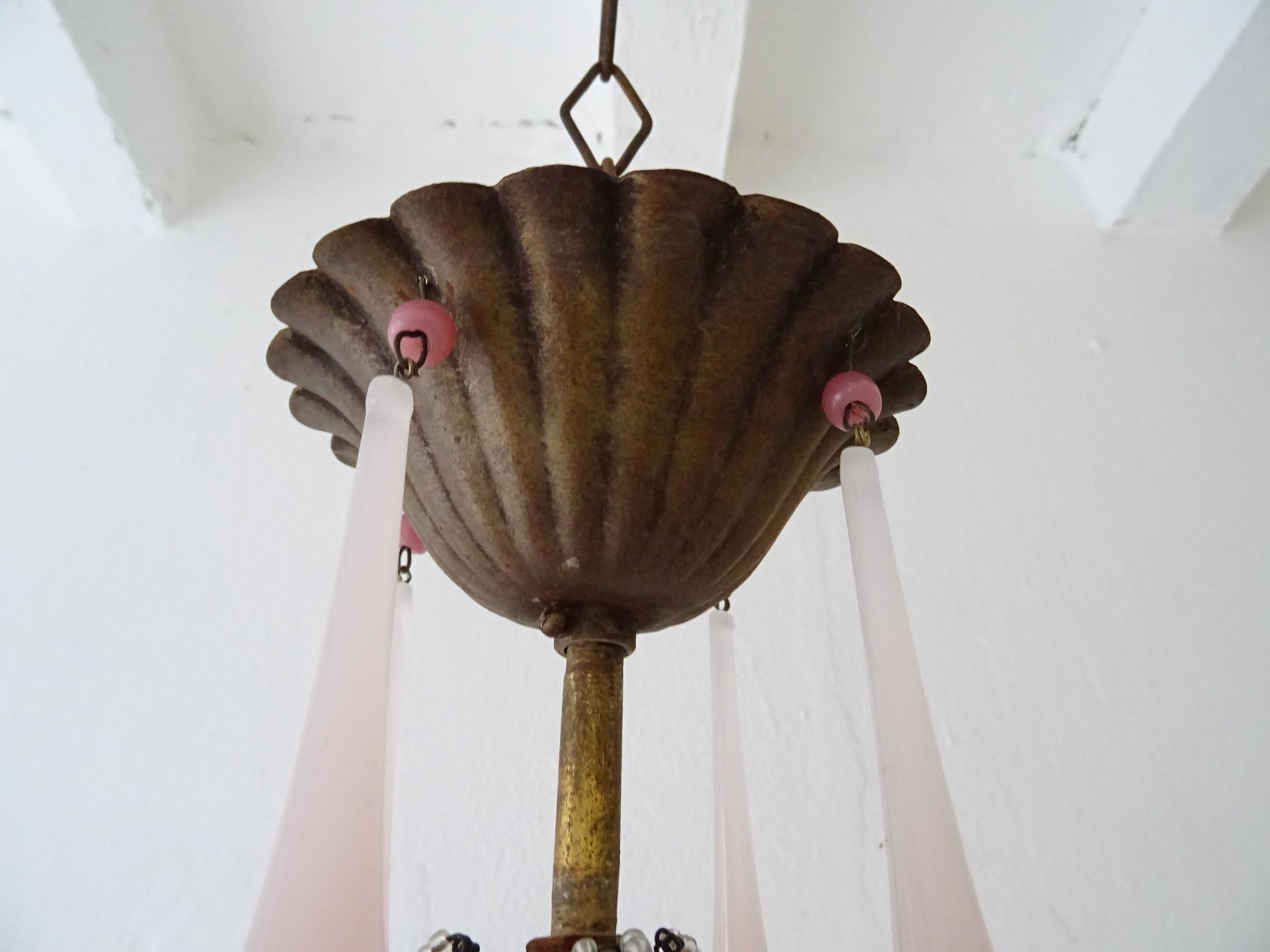 French Beaded Pink Opaline Porcelain Roses Chandelier, circa 1920 For Sale 5