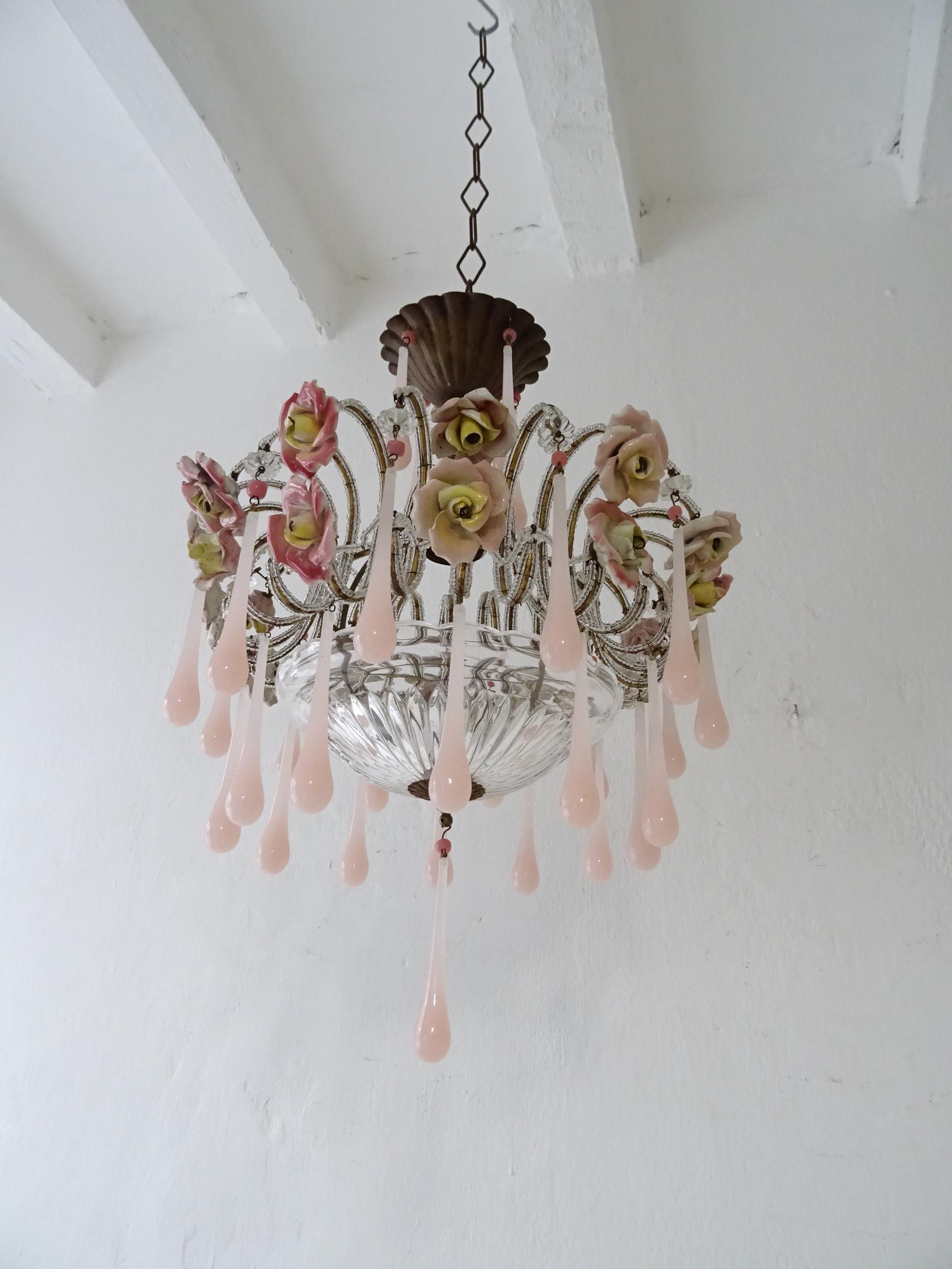 Housing one light, will be rewired and ready to hang with correct sockets for country. (certified UL US for the USA). Micro beading throughout. Adorning pink and yellow handmade porcelain roses with pink opaline Murano drops and beads. Glass plate