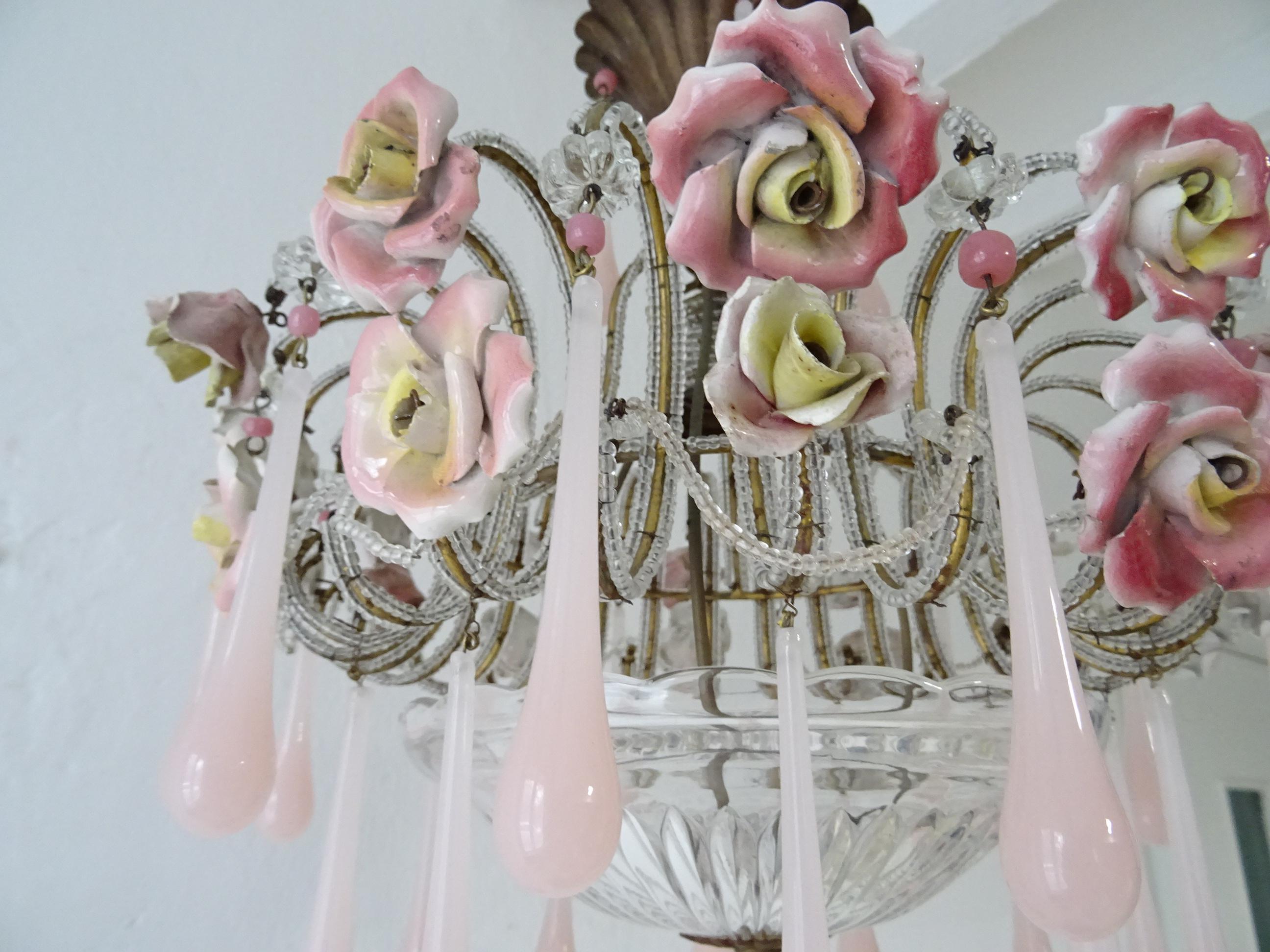 Early 20th Century French Beaded Pink Opaline Porcelain Roses Chandelier, circa 1920 For Sale