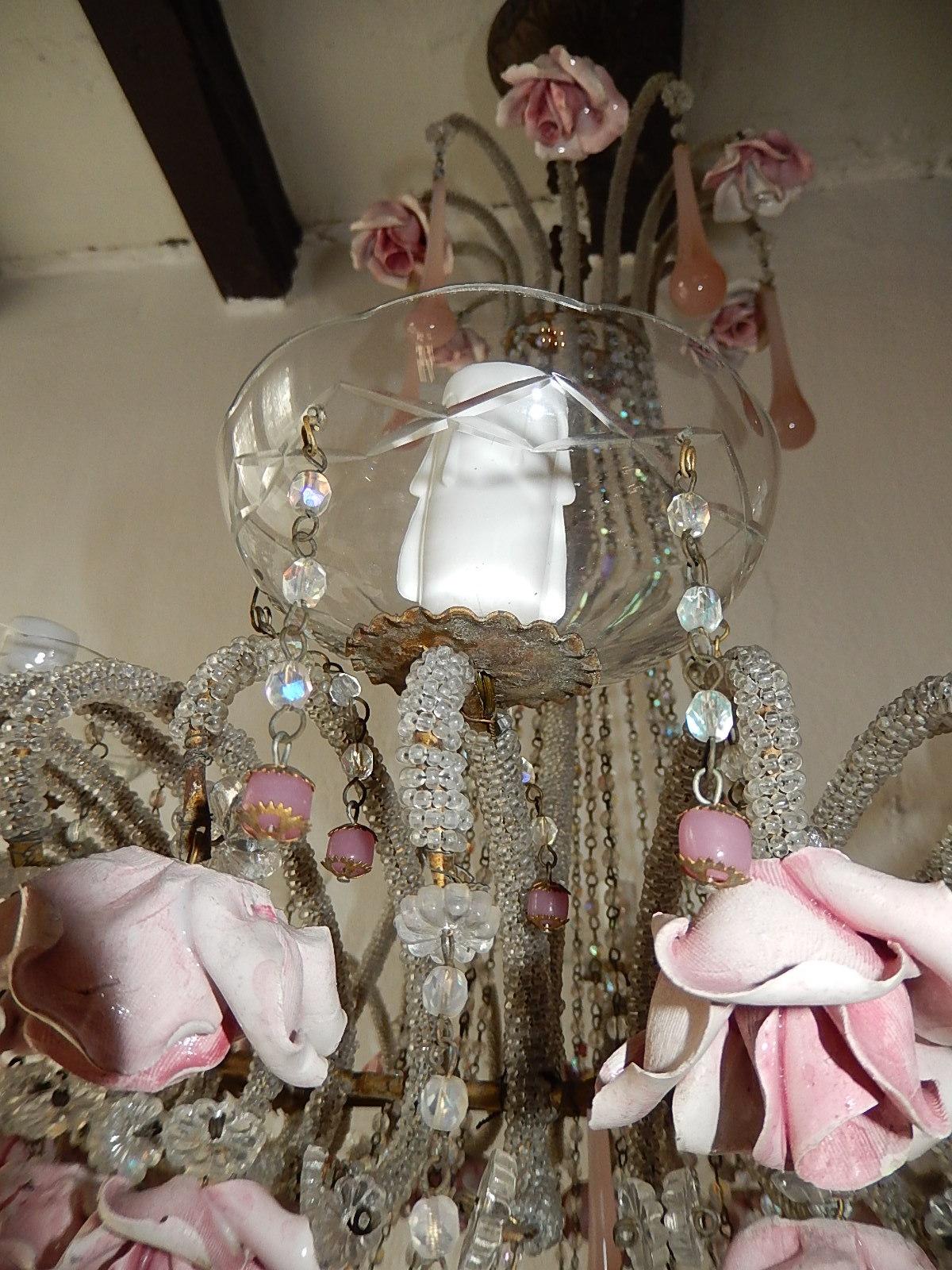 French Beaded Pink Opaline Porcelain Roses Chandelier, circa 1920 1