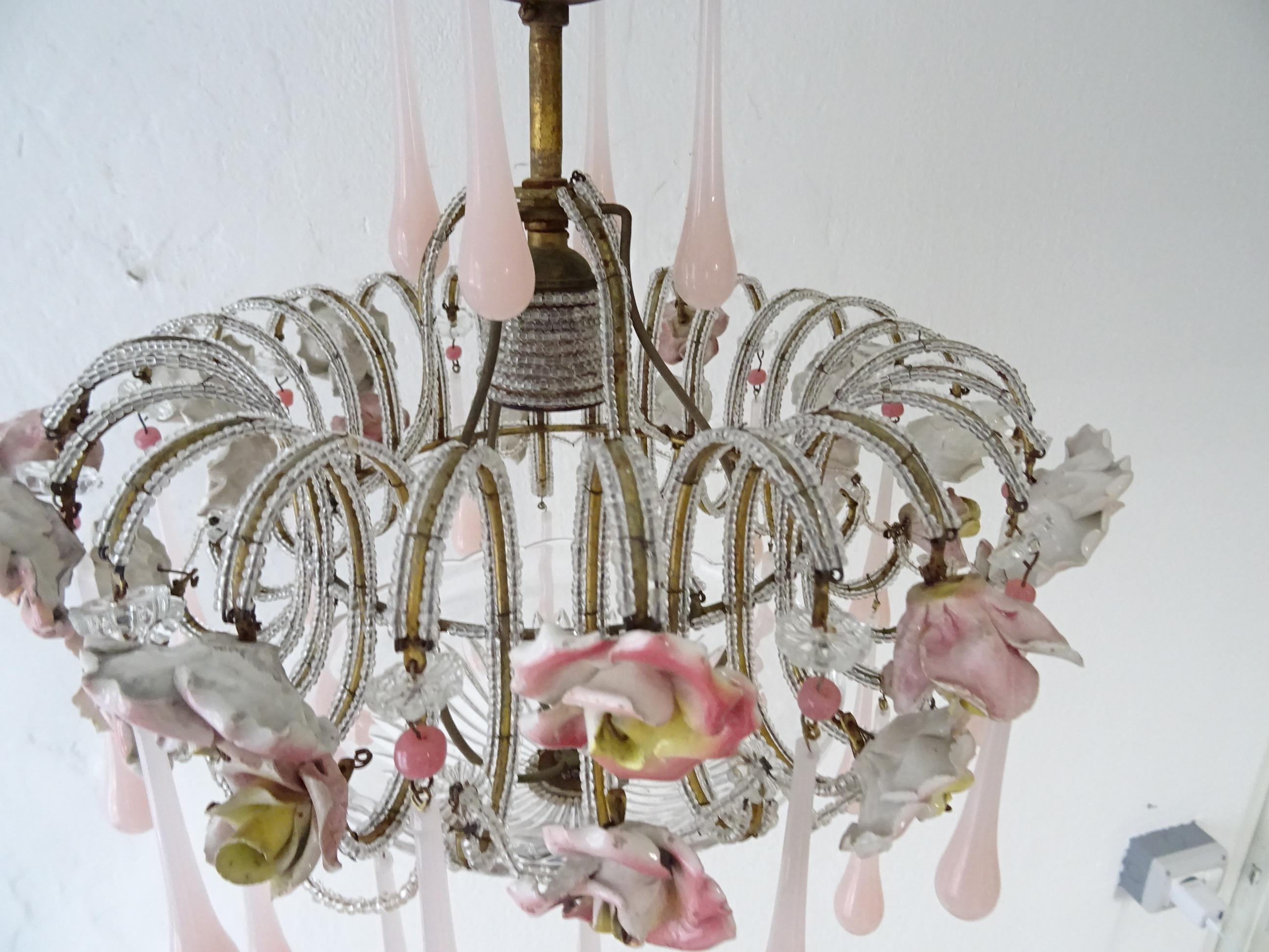 French Beaded Pink Opaline Porcelain Roses Chandelier, circa 1920 For Sale 1