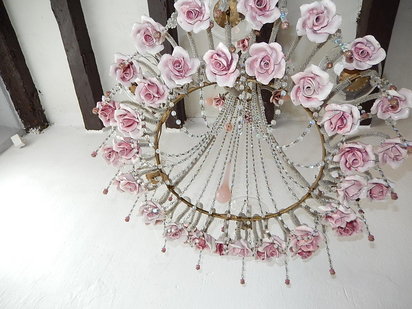 French Beaded Pink Opaline Porcelain Roses Chandelier, circa 1920 2