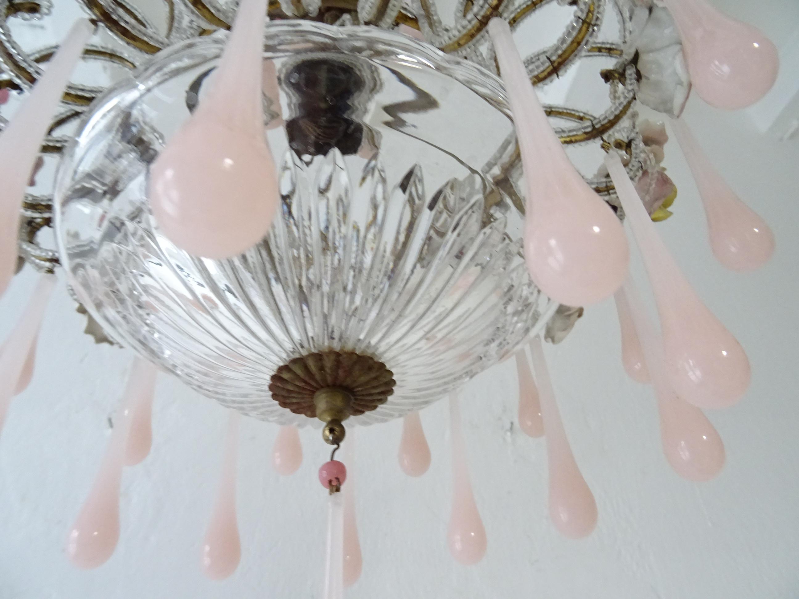 French Beaded Pink Opaline Porcelain Roses Chandelier, circa 1920 For Sale 2