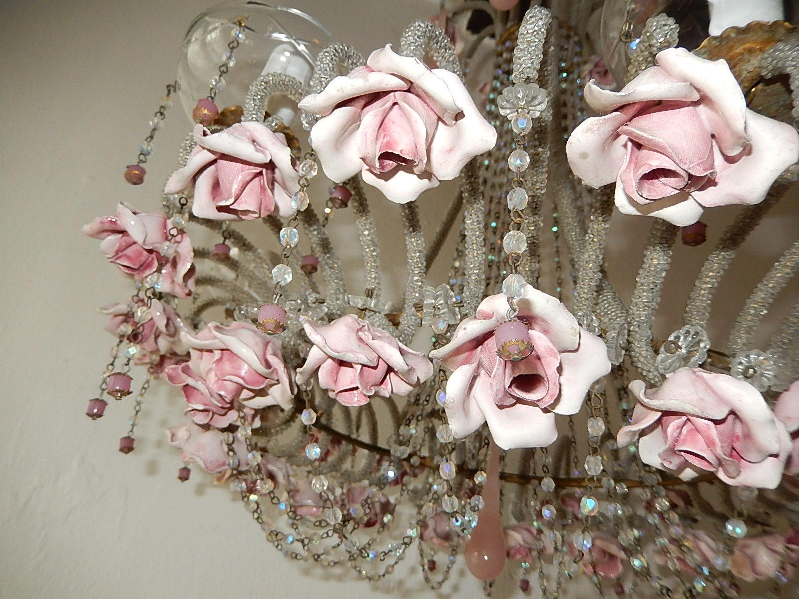 French Beaded Pink Opaline Porcelain Roses Chandelier, circa 1920 3