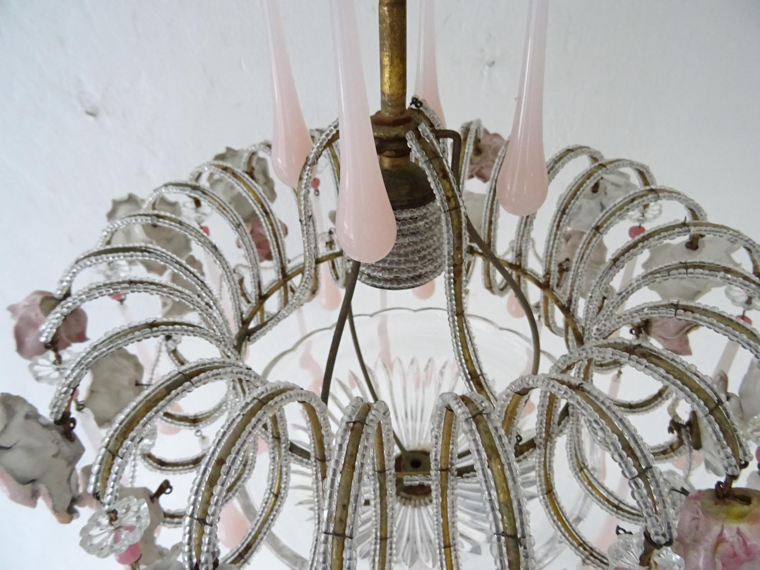 French Beaded Pink Opaline Porcelain Roses Chandelier, circa 1920 For Sale 3