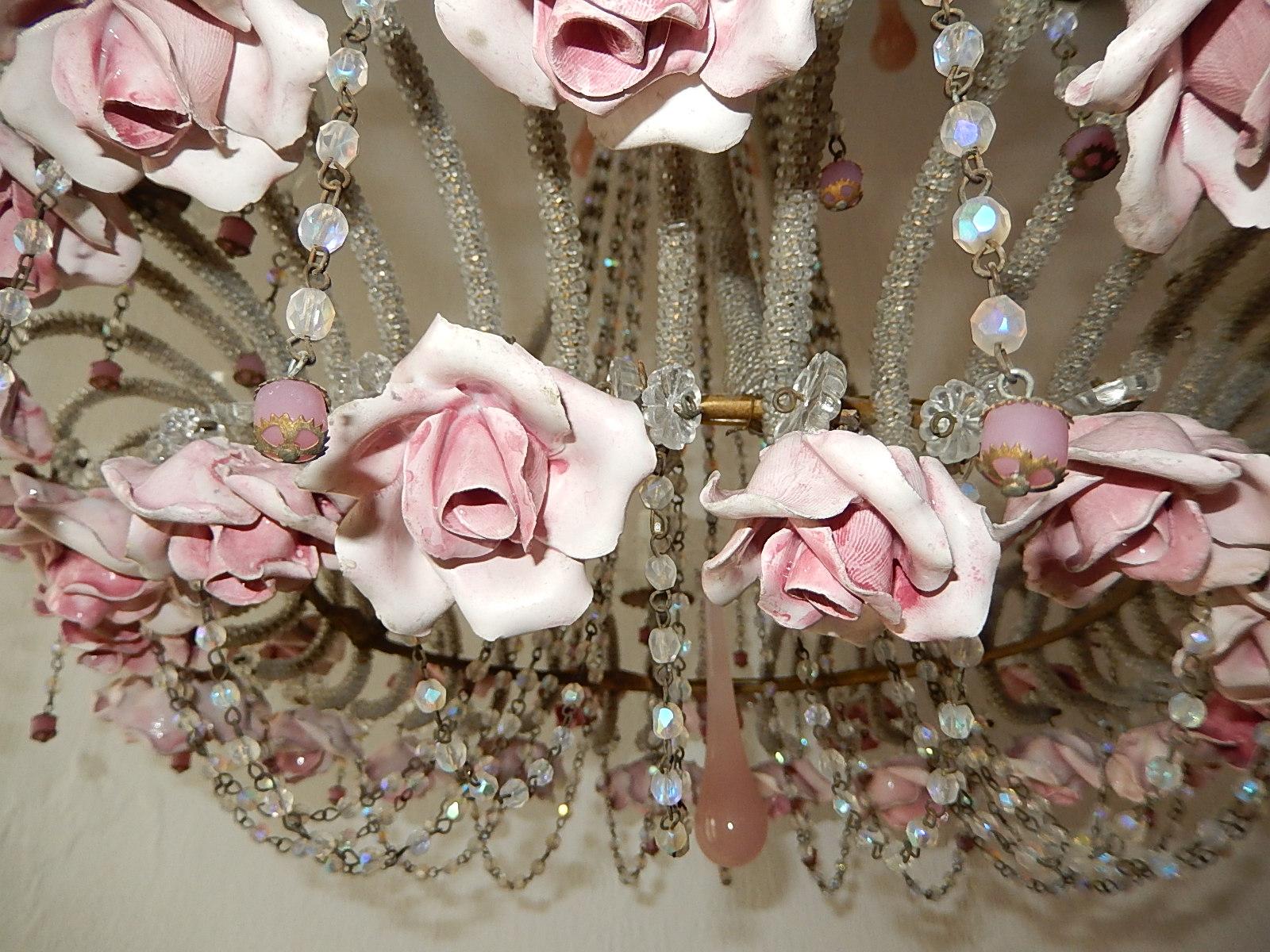 French Beaded Pink Opaline Porcelain Roses Chandelier, circa 1920 4