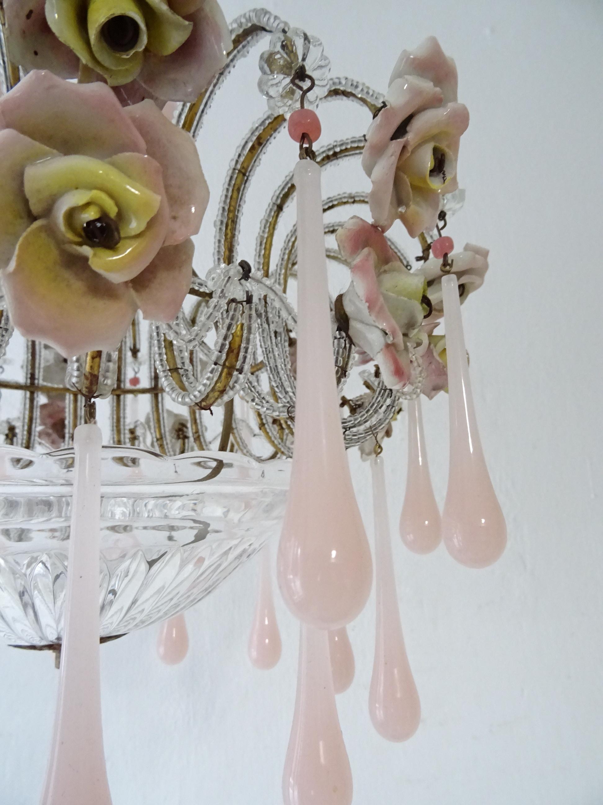 French Beaded Pink Opaline Porcelain Roses Chandelier, circa 1920 For Sale 4