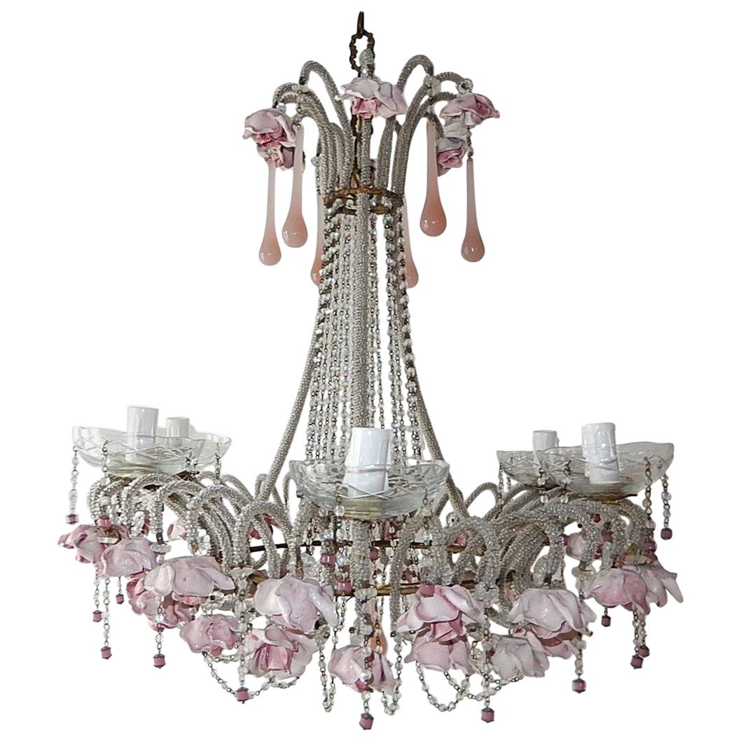 French Beaded Pink Opaline Porcelain Roses Chandelier, circa 1920