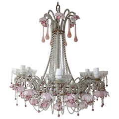 French Beaded Pink Opaline Porcelain Roses Chandelier, circa 1920