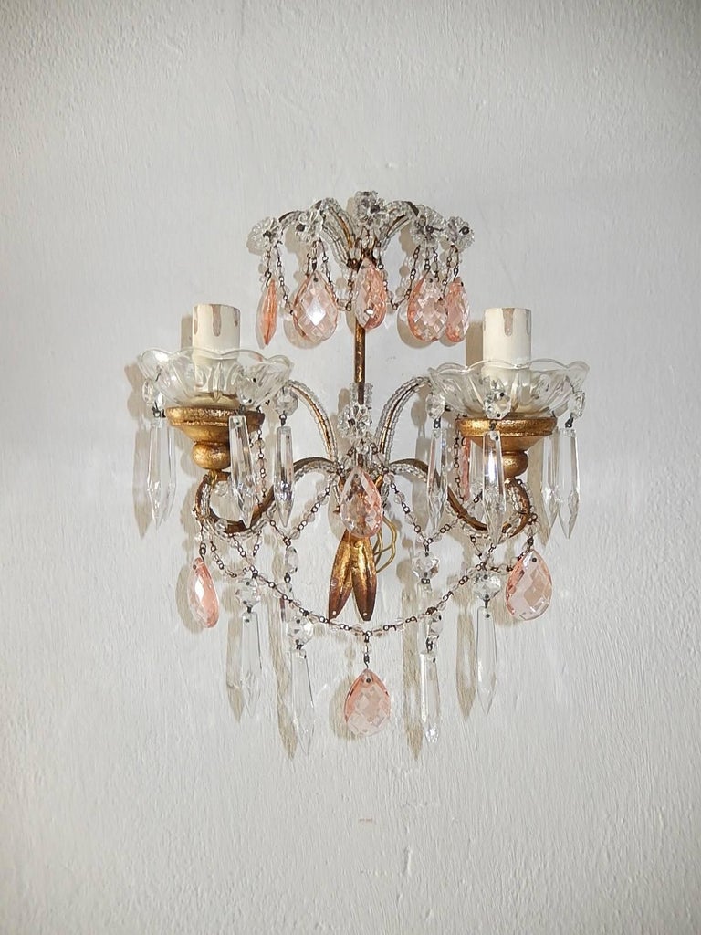 French Beaded Pink Prisms Crystal Sconces, 1900 For Sale at 1stdibs