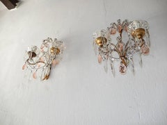 French Beaded Pink Prisms Crystal Sconces, 1900
