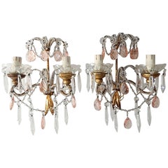 French Beaded Pink Prisms Crystal Sconces, 1900