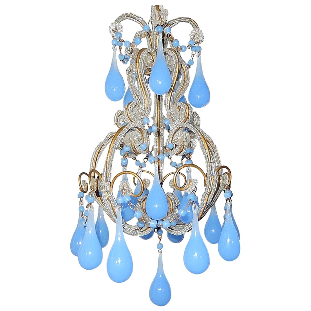 French Beaded Purple Lavender Opaline Drops and Beads Petit Beaded Chandelier For Sale