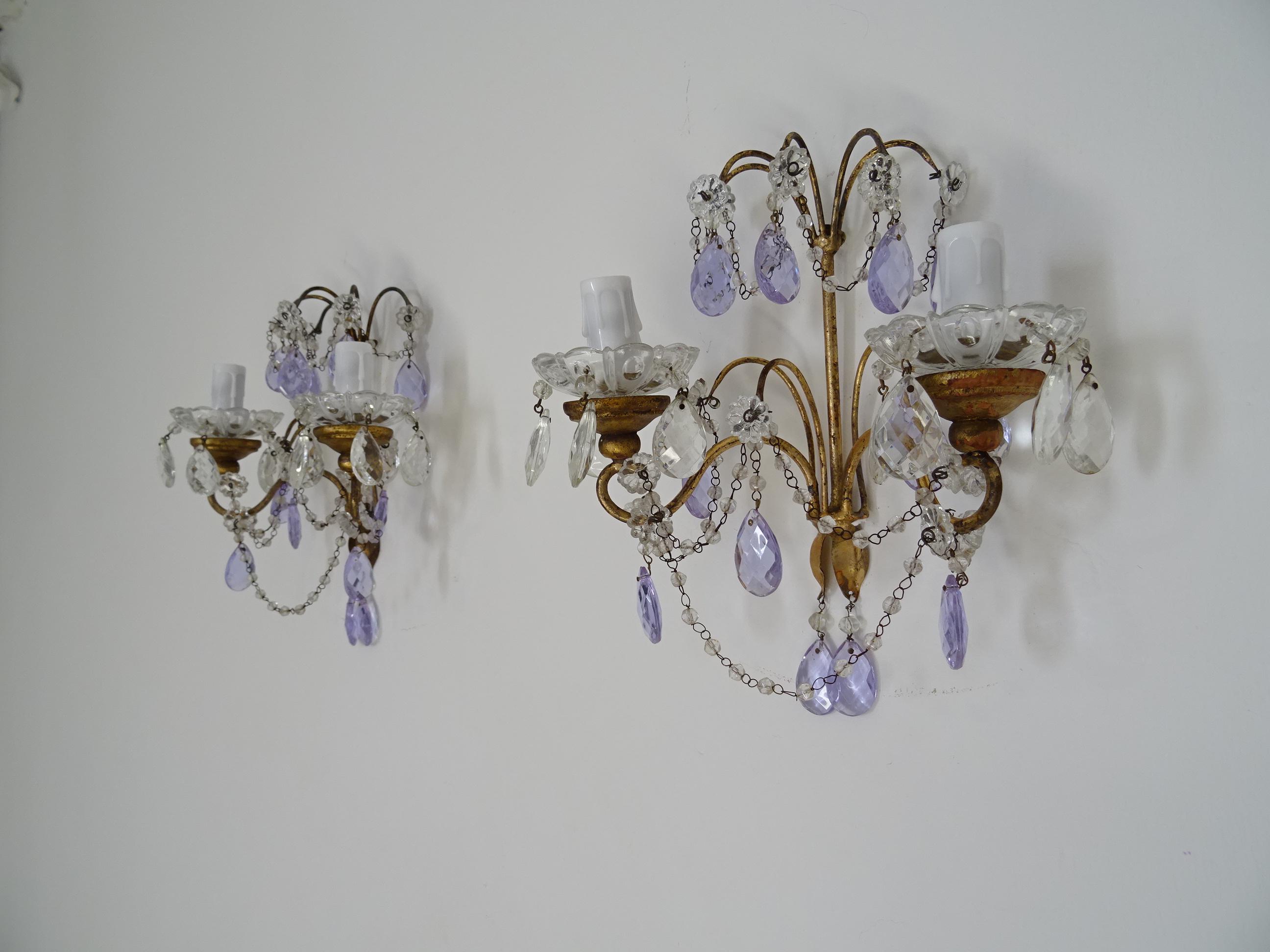 French Beaded Purple Lavender Prisms Crystal Sconces, 1900 In Good Condition For Sale In Firenze, Toscana