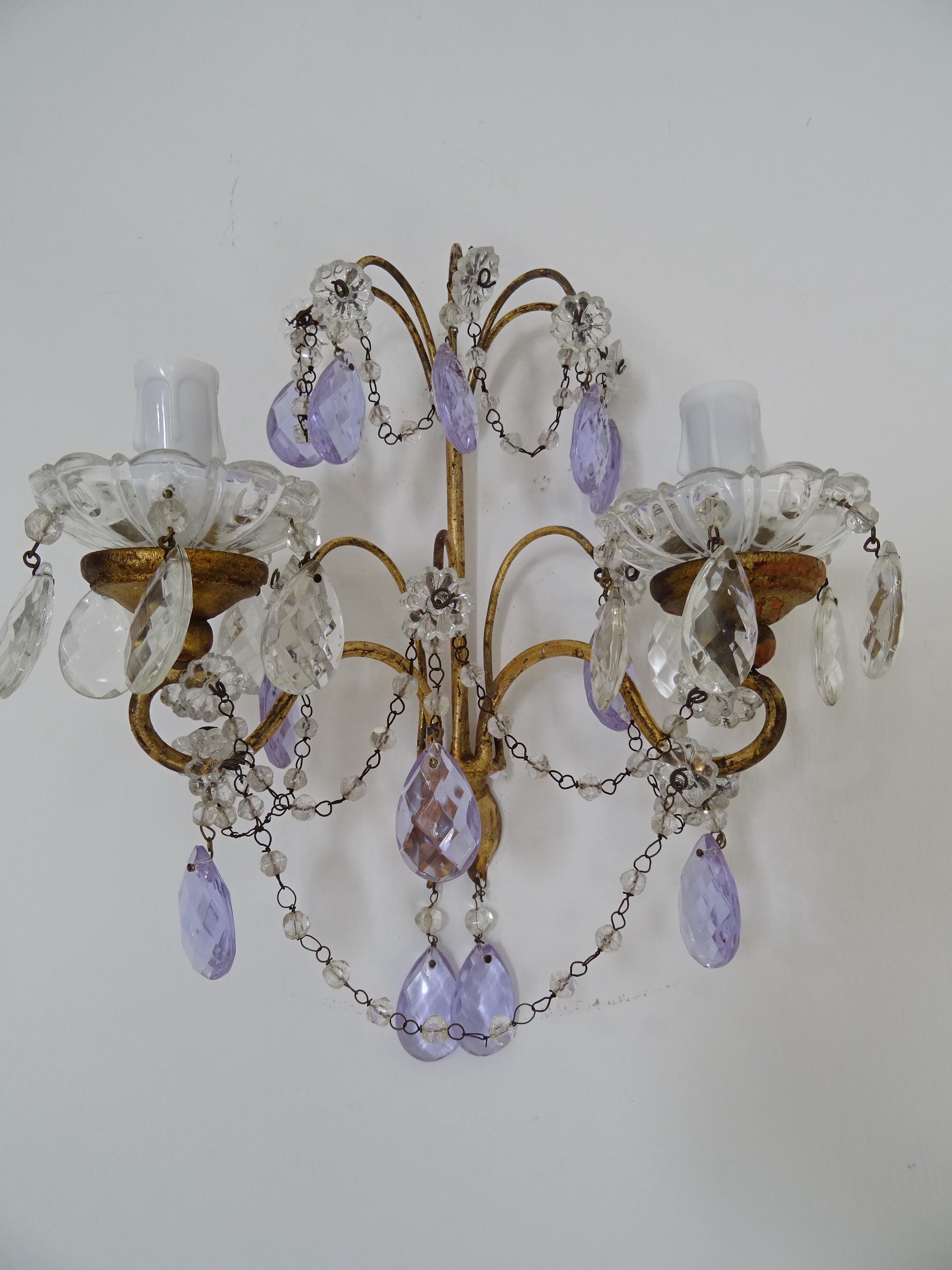 Early 20th Century French Beaded Purple Lavender Prisms Crystal Sconces, 1900 For Sale