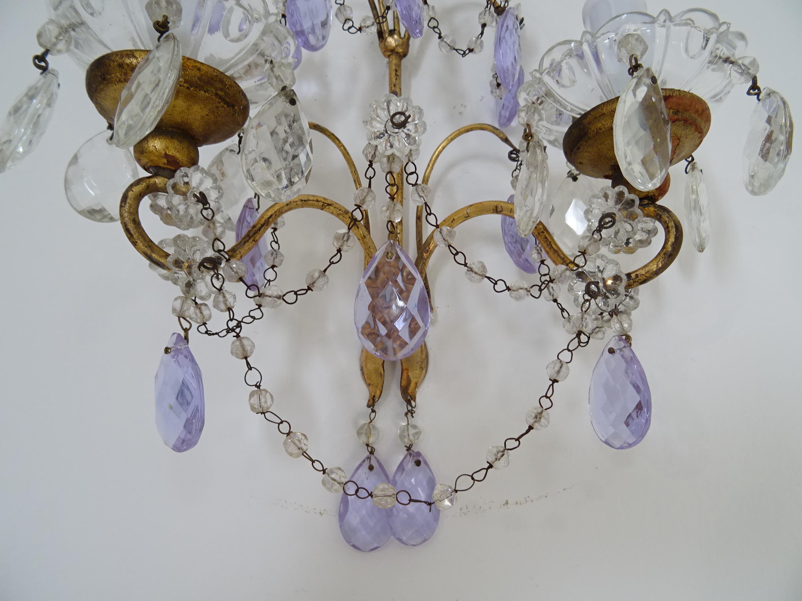 French Beaded Purple Lavender Prisms Crystal Sconces, 1900 For Sale 3