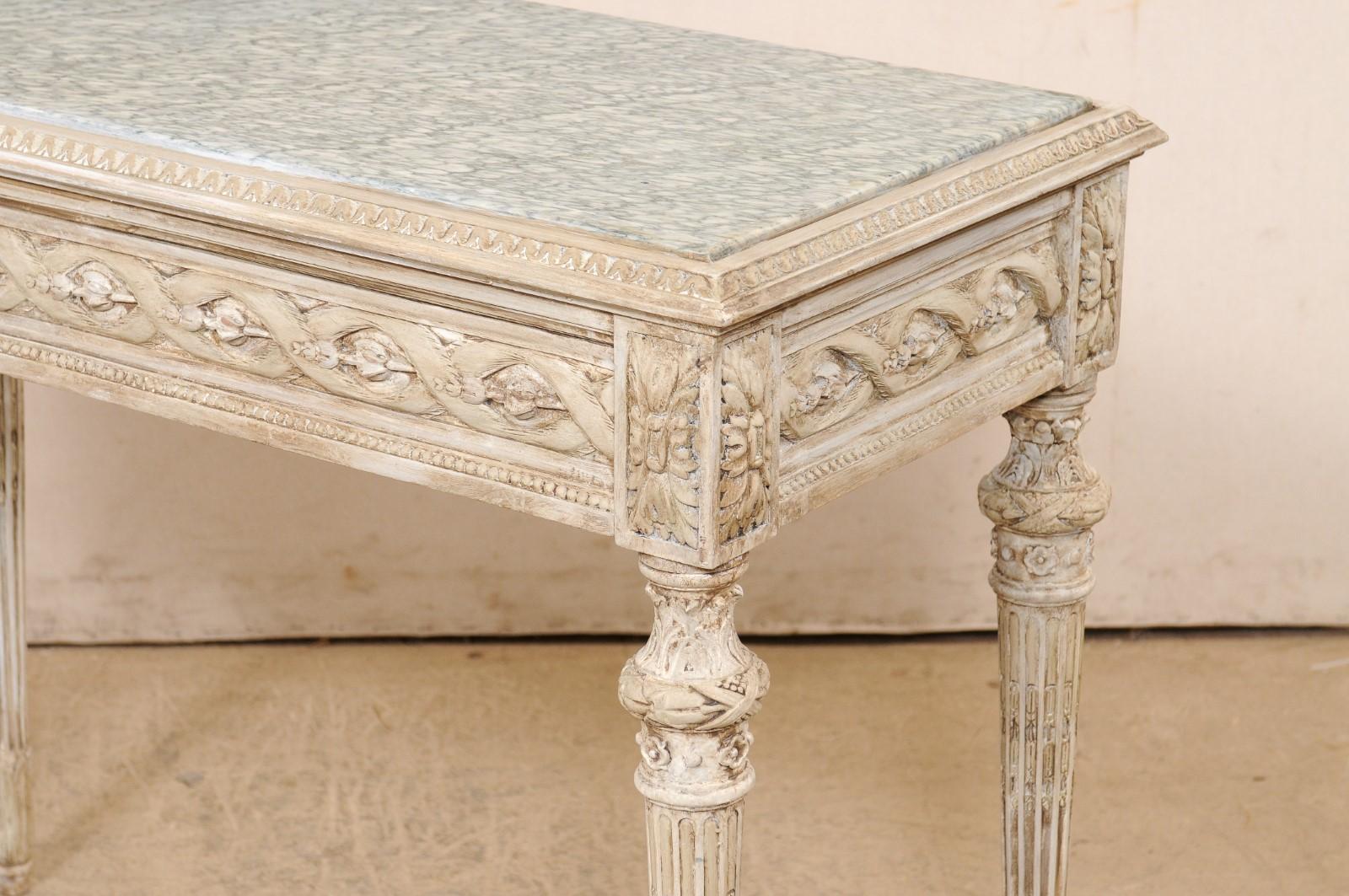French Beautifully-Carved Marble Top Wooden Console w/Discreetly Hidden Drawer For Sale 6