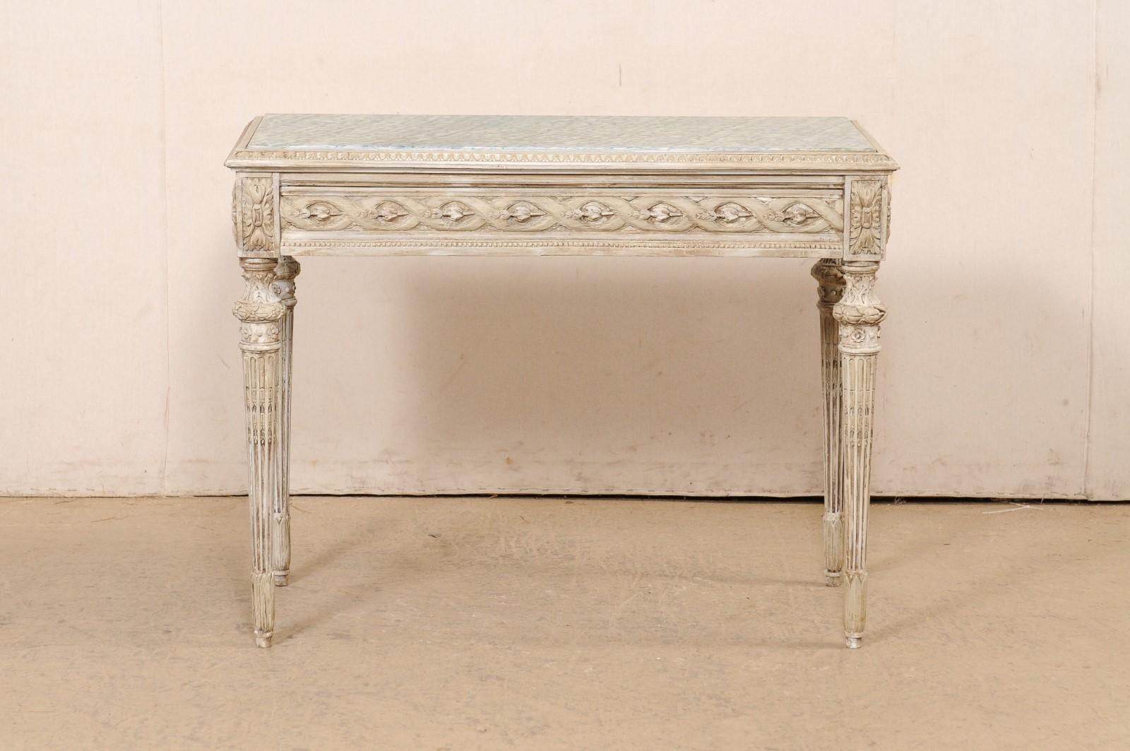French Beautifully-Carved Marble Top Wooden Console w/Discreetly Hidden Drawer For Sale 7