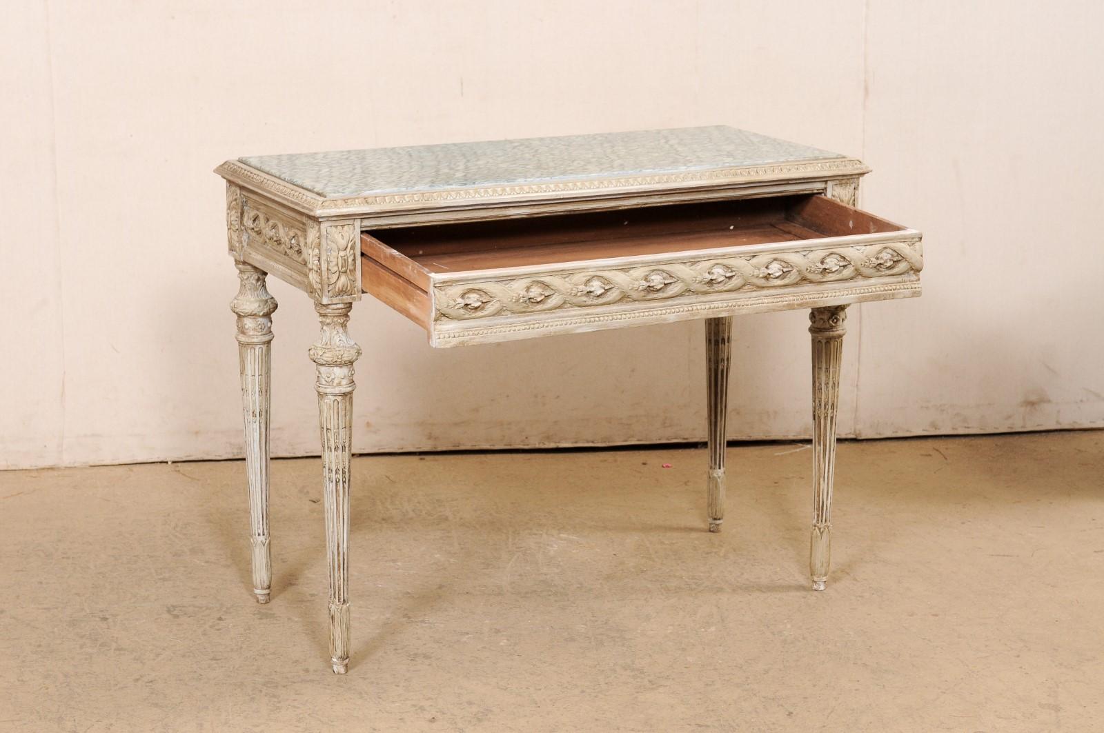 French Beautifully-Carved Marble Top Wooden Console w/Discreetly Hidden Drawer For Sale 8