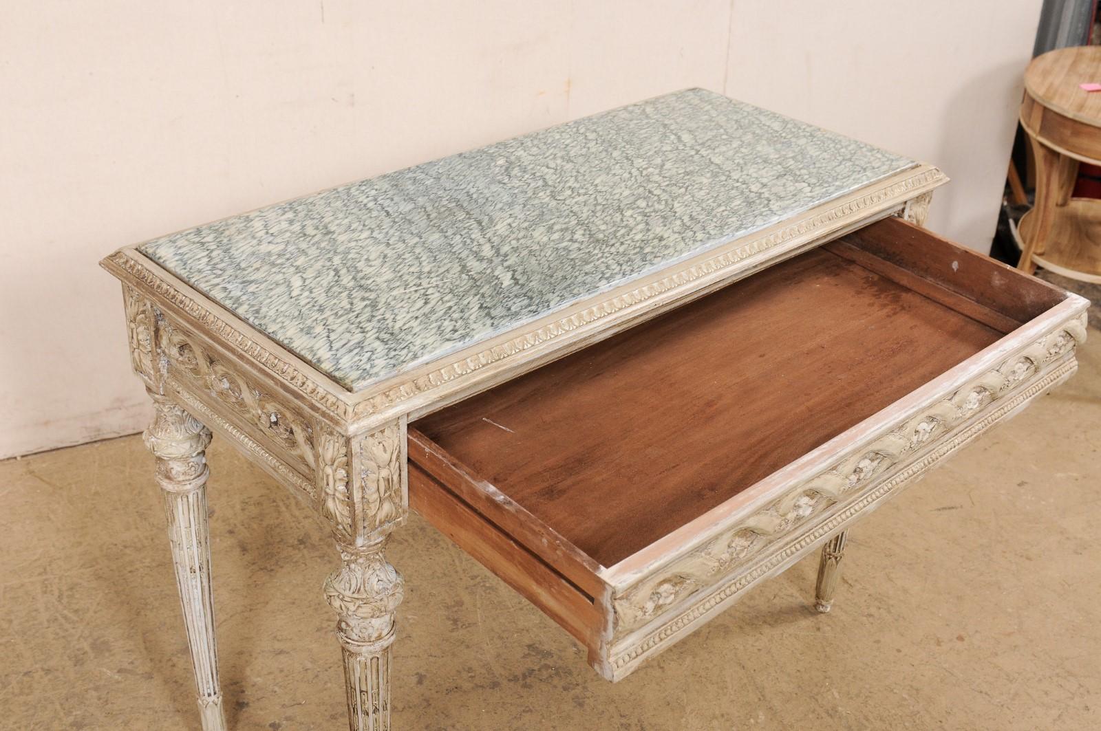 French Beautifully-Carved Marble Top Wooden Console w/Discreetly Hidden Drawer For Sale 9