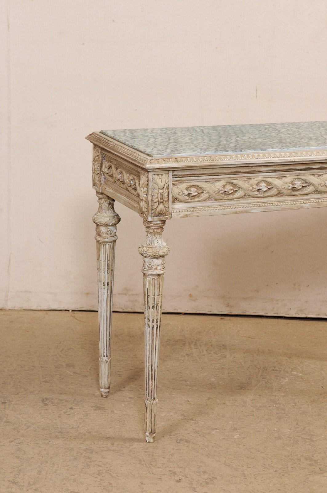 French Beautifully-Carved Marble Top Wooden Console w/Discreetly Hidden Drawer In Good Condition In Atlanta, GA