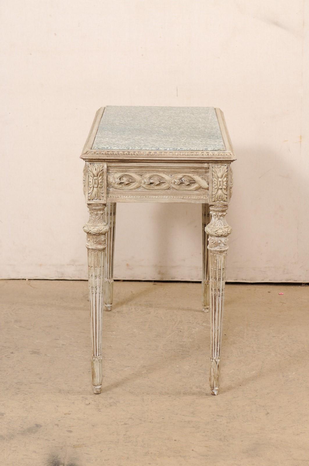 20th Century French Beautifully-Carved Marble Top Wooden Console w/Discreetly Hidden Drawer For Sale