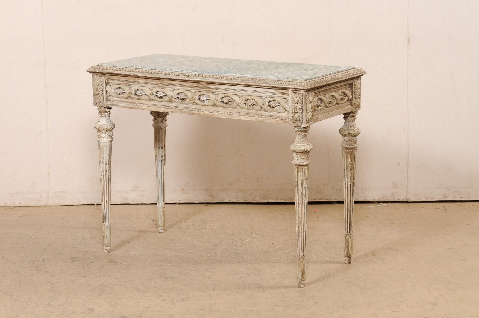 French Beautifully-Carved Marble Top Wooden Console w/Discreetly Hidden Drawer For Sale 1