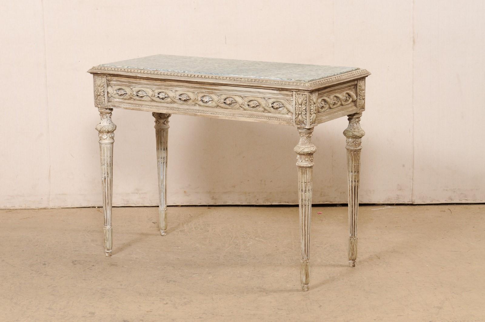 French Beautifully-Carved Marble Top Wooden Console w/Discreetly Hidden Drawer 1