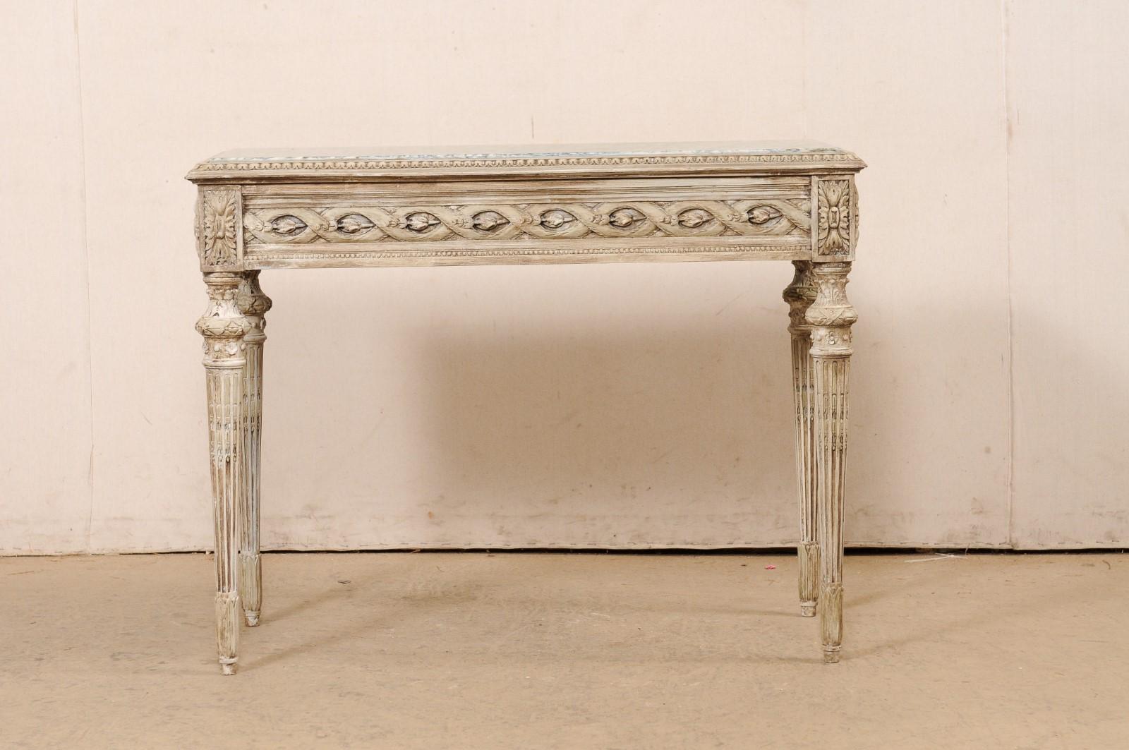French Beautifully-Carved Marble Top Wooden Console w/Discreetly Hidden Drawer For Sale 2