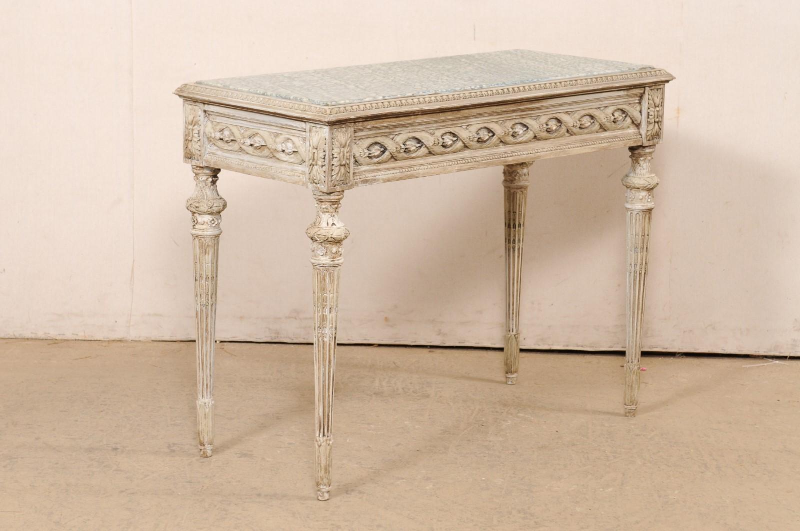 French Beautifully-Carved Marble Top Wooden Console w/Discreetly Hidden Drawer For Sale 3