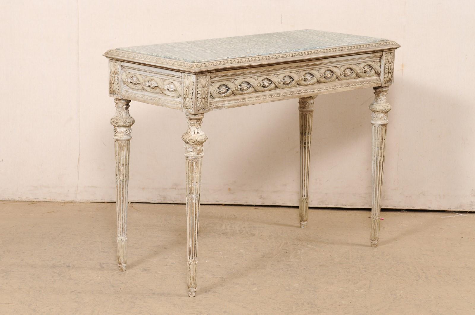French Beautifully-Carved Marble Top Wooden Console w/Discreetly Hidden Drawer 3
