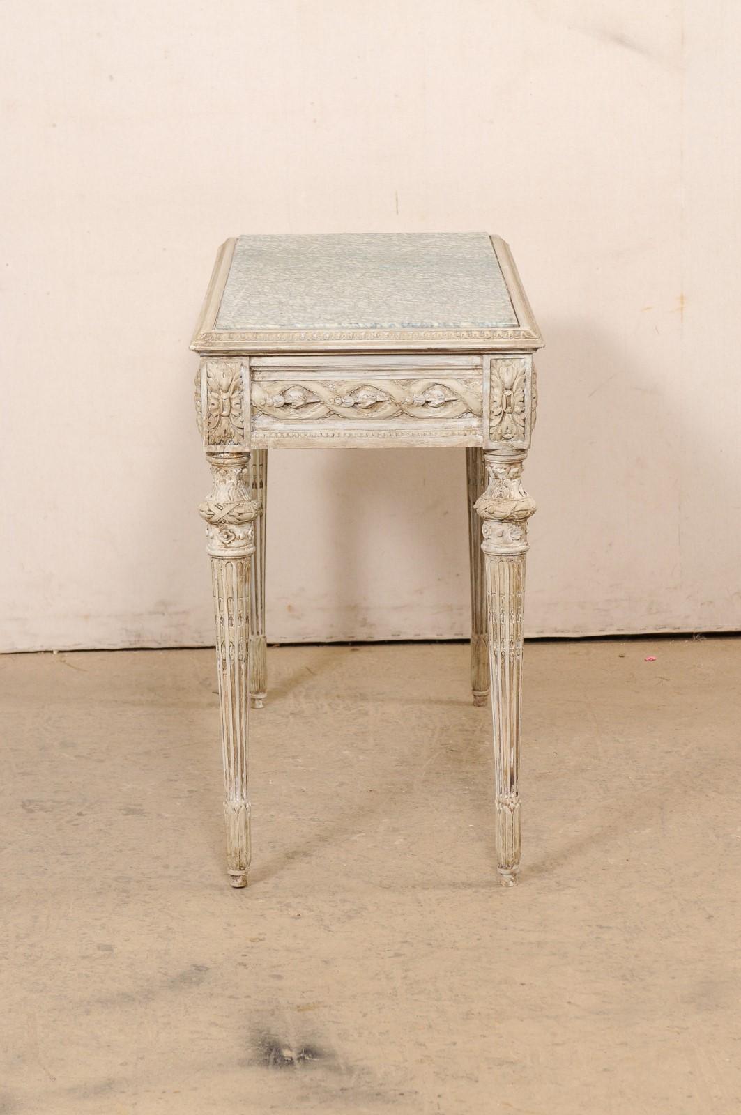 French Beautifully-Carved Marble Top Wooden Console w/Discreetly Hidden Drawer For Sale 4