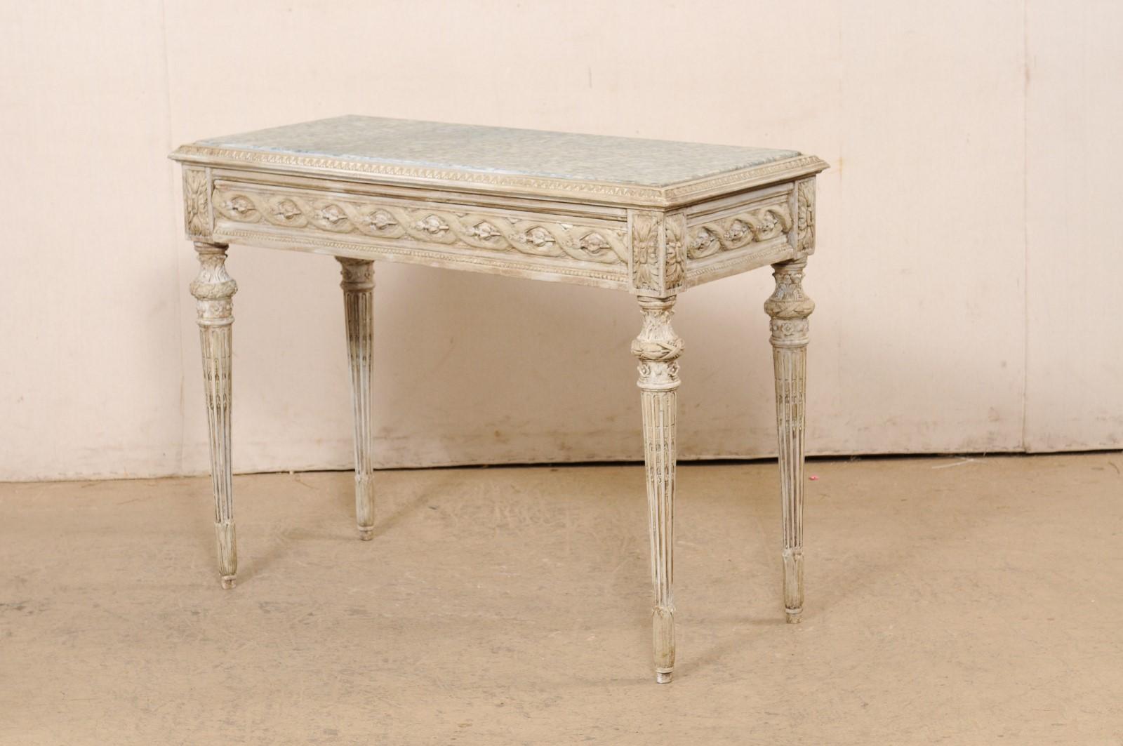 French Beautifully-Carved Marble Top Wooden Console w/Discreetly Hidden Drawer For Sale 5