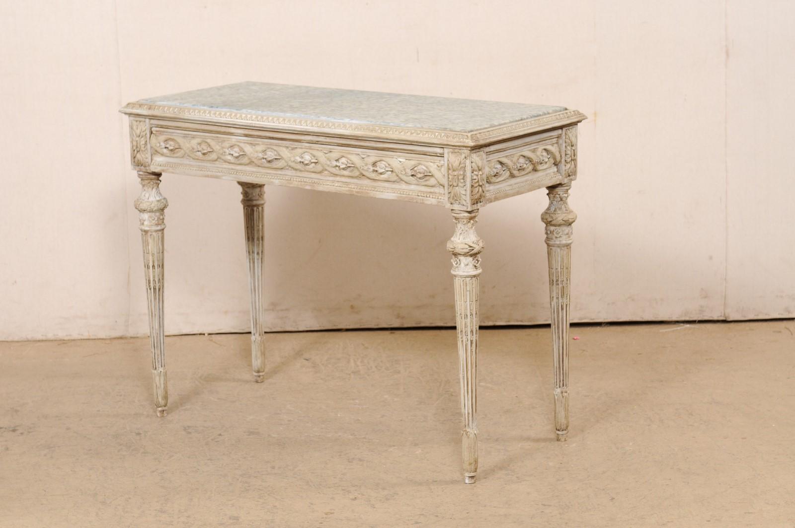French Beautifully-Carved Marble Top Wooden Console w/Discreetly Hidden Drawer 5