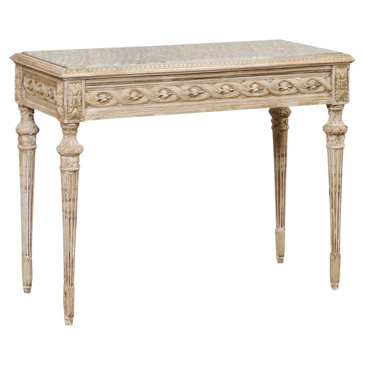 French Beautifully-Carved Marble Top Wooden Console w/Discreetly Hidden Drawer
