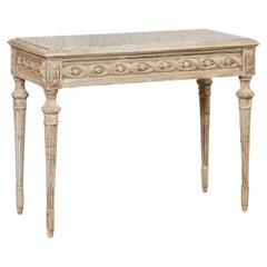 Antique French Beautifully-Carved Marble Top Wooden Console w/Discreetly Hidden Drawer
