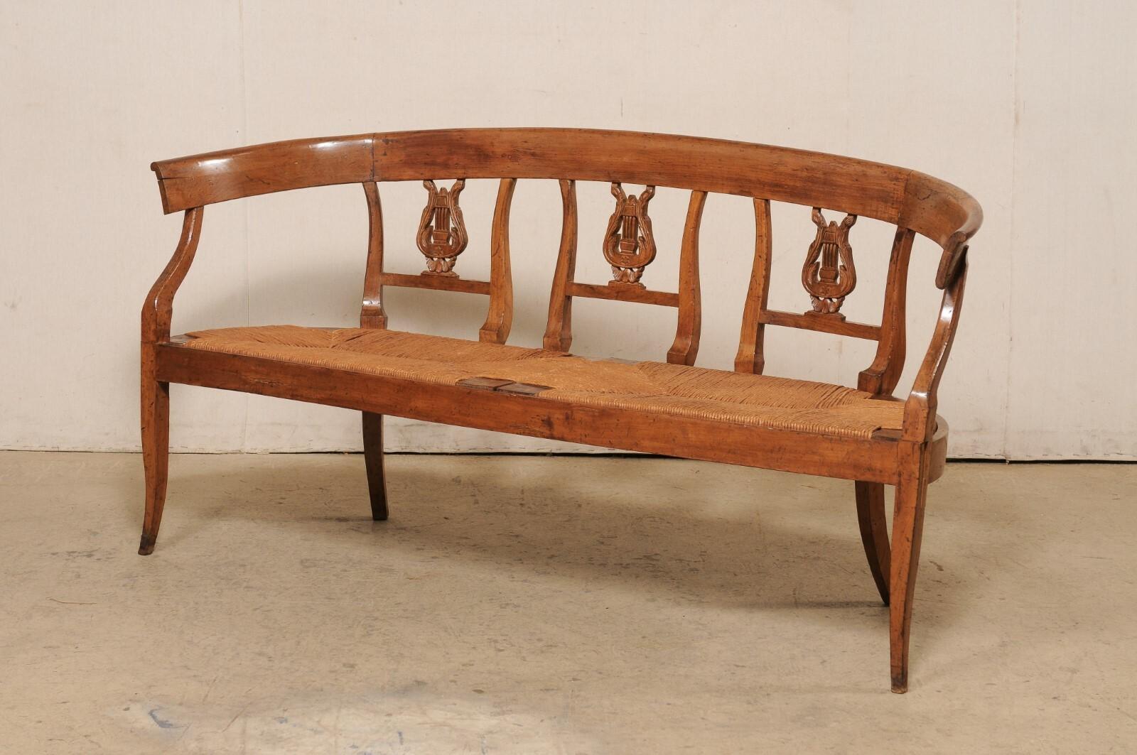 French Beautifully-Carved Wood Lyre-Back Splat Bench w/Rush Seat , 19th Century For Sale 6