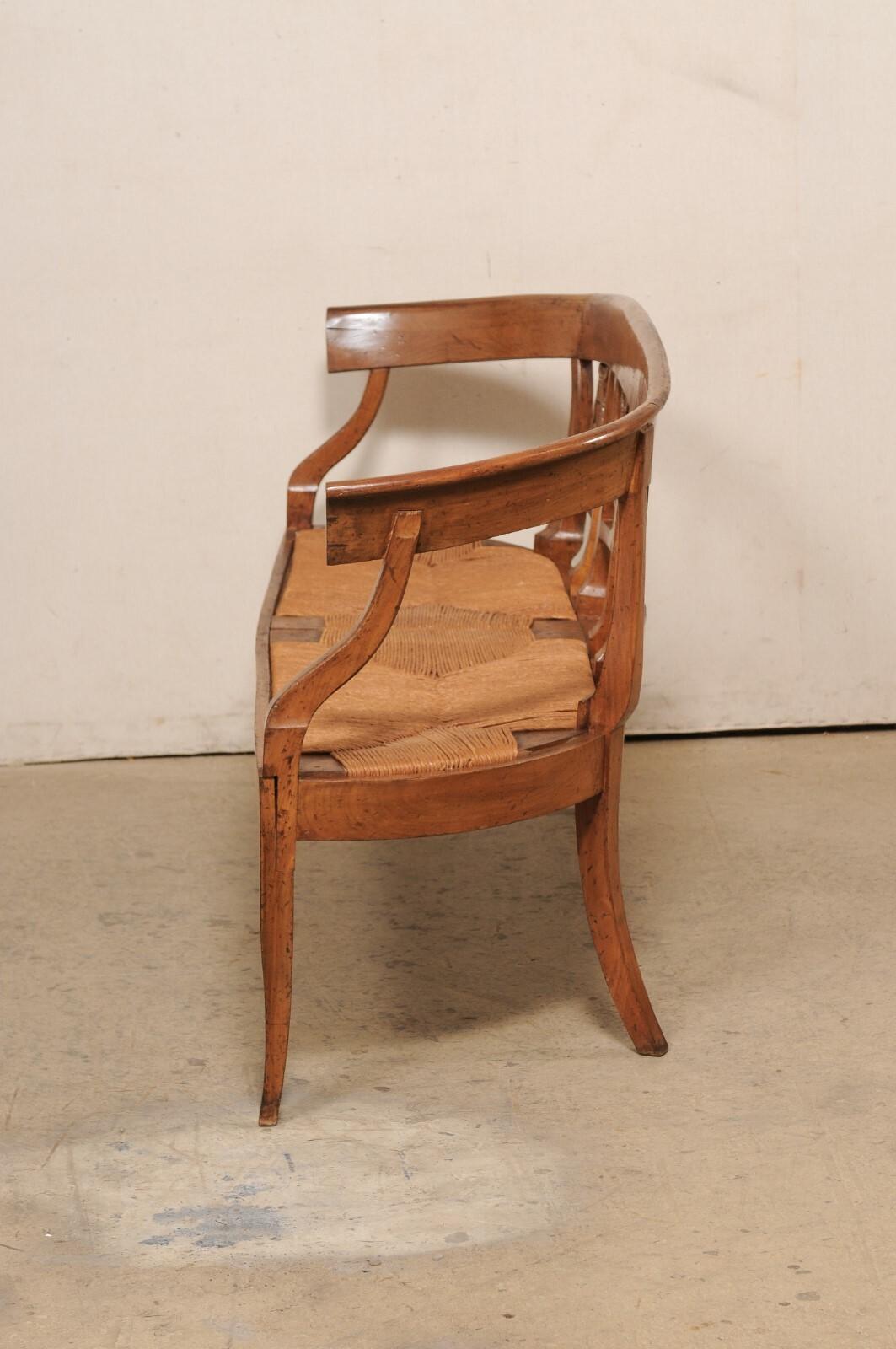 French Beautifully-Carved Wood Lyre-Back Splat Bench w/Rush Seat , 19th Century For Sale 1