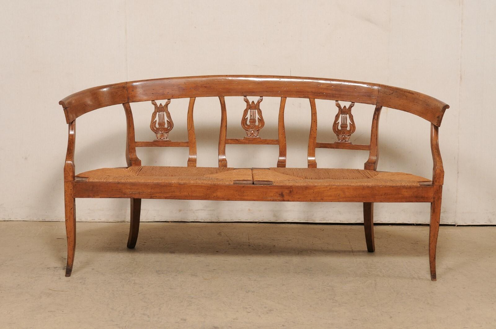 French Beautifully-Carved Wood Lyre-Back Splat Bench w/Rush Seat , 19th Century For Sale 2