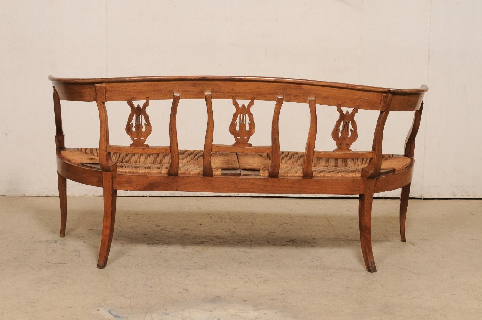 French Beautifully-Carved Wood Lyre-Back Splat Bench w/Rush Seat , 19th Century For Sale 4