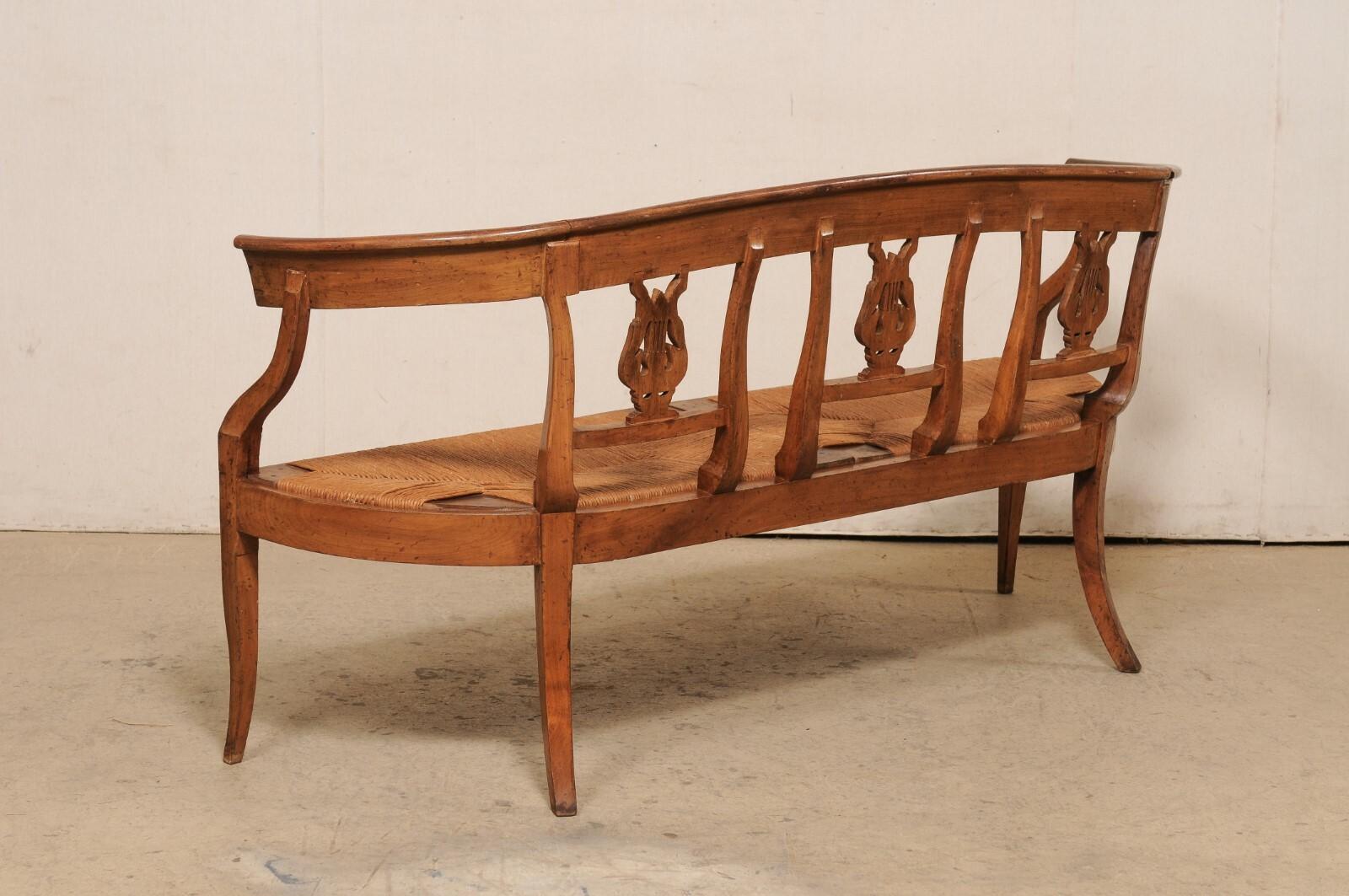 French Beautifully-Carved Wood Lyre-Back Splat Bench w/Rush Seat , 19th Century For Sale 5
